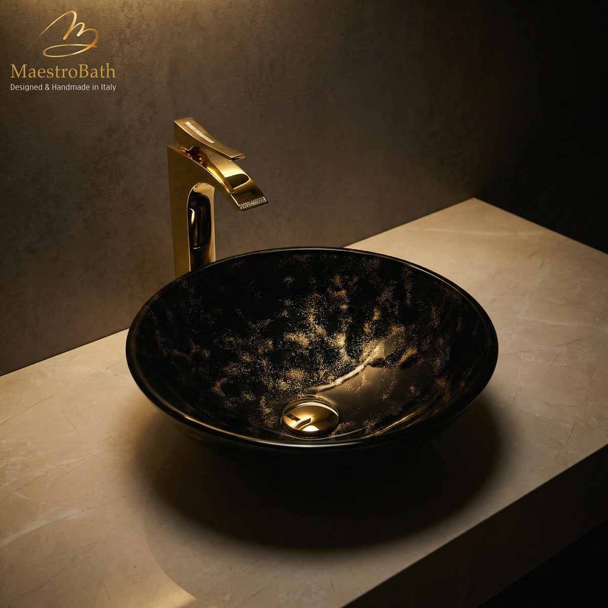 Luxury Round Crystal Vessel Sink #color_black and gold