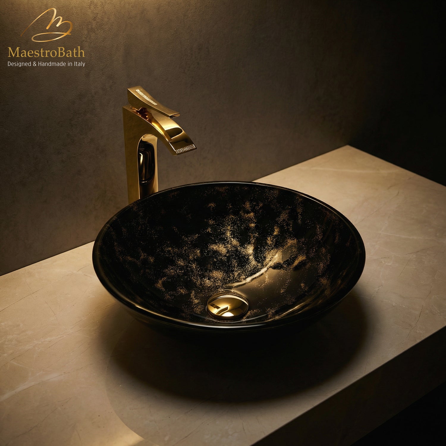 Luxury Round Crystal Vessel Sink #color_black and gold