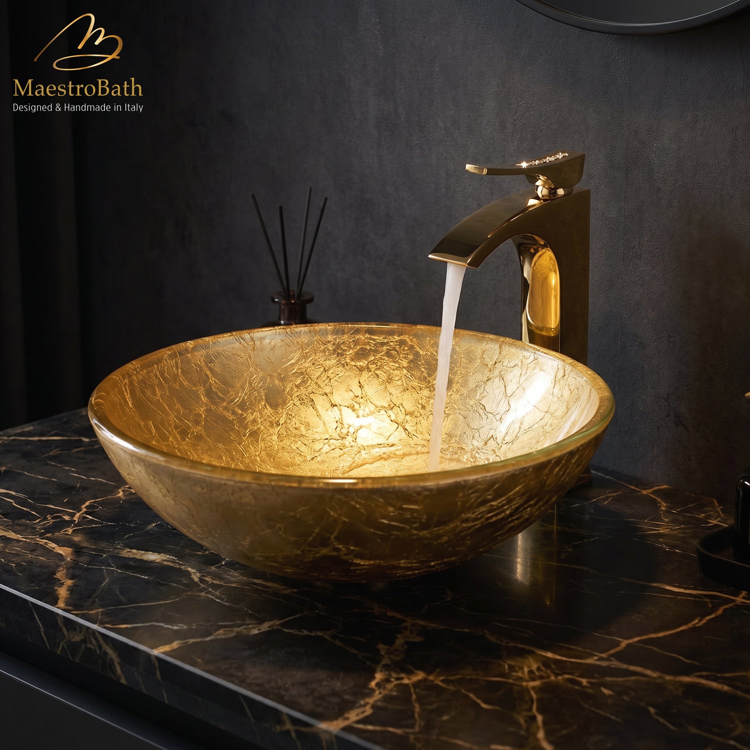 Luxury Round Crystal Vessel Sink #color_gold leaf