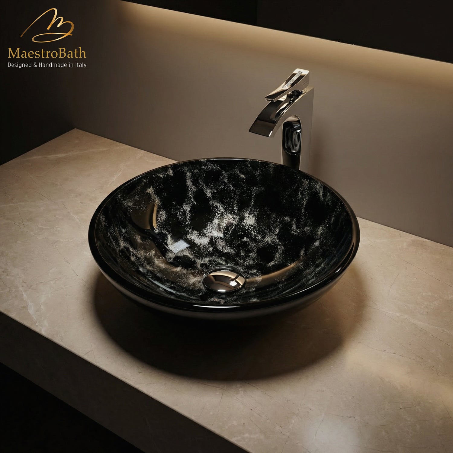 Luxury Round Crystal Vessel Sink #color_black and silver