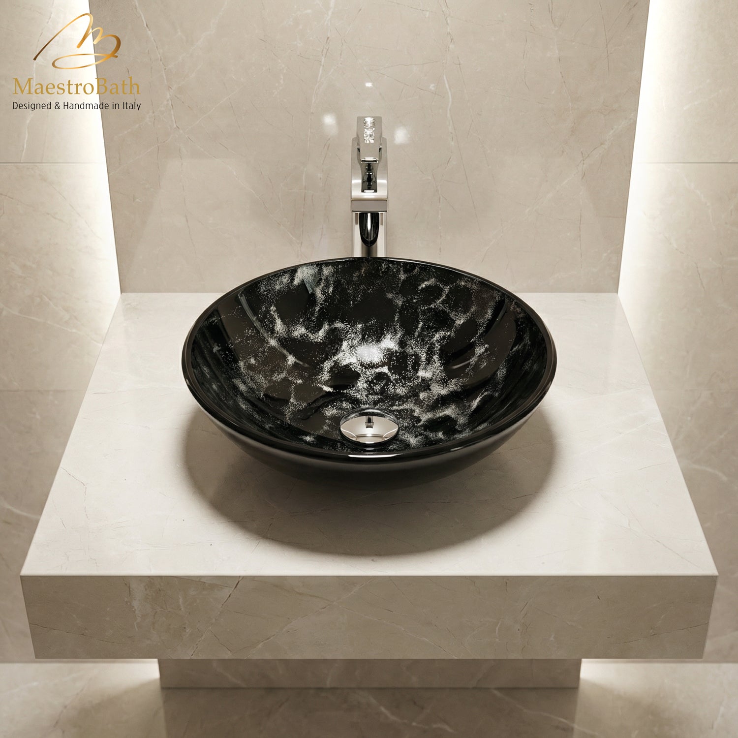 Luxury Round Crystal Vessel Sink #color_black and silver