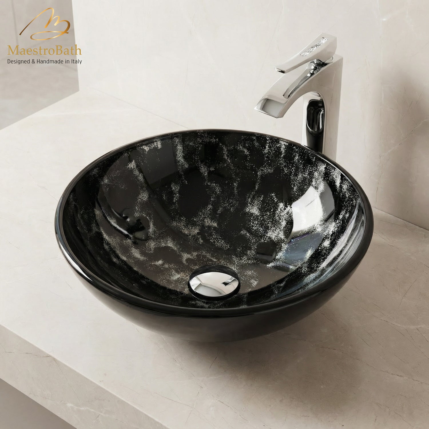 Luxury Round Crystal Vessel Sink #color_black and silver