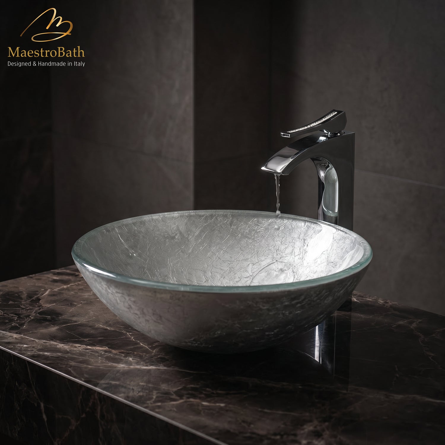Luxury Round Crystal Vessel Sink #color_silver leaf