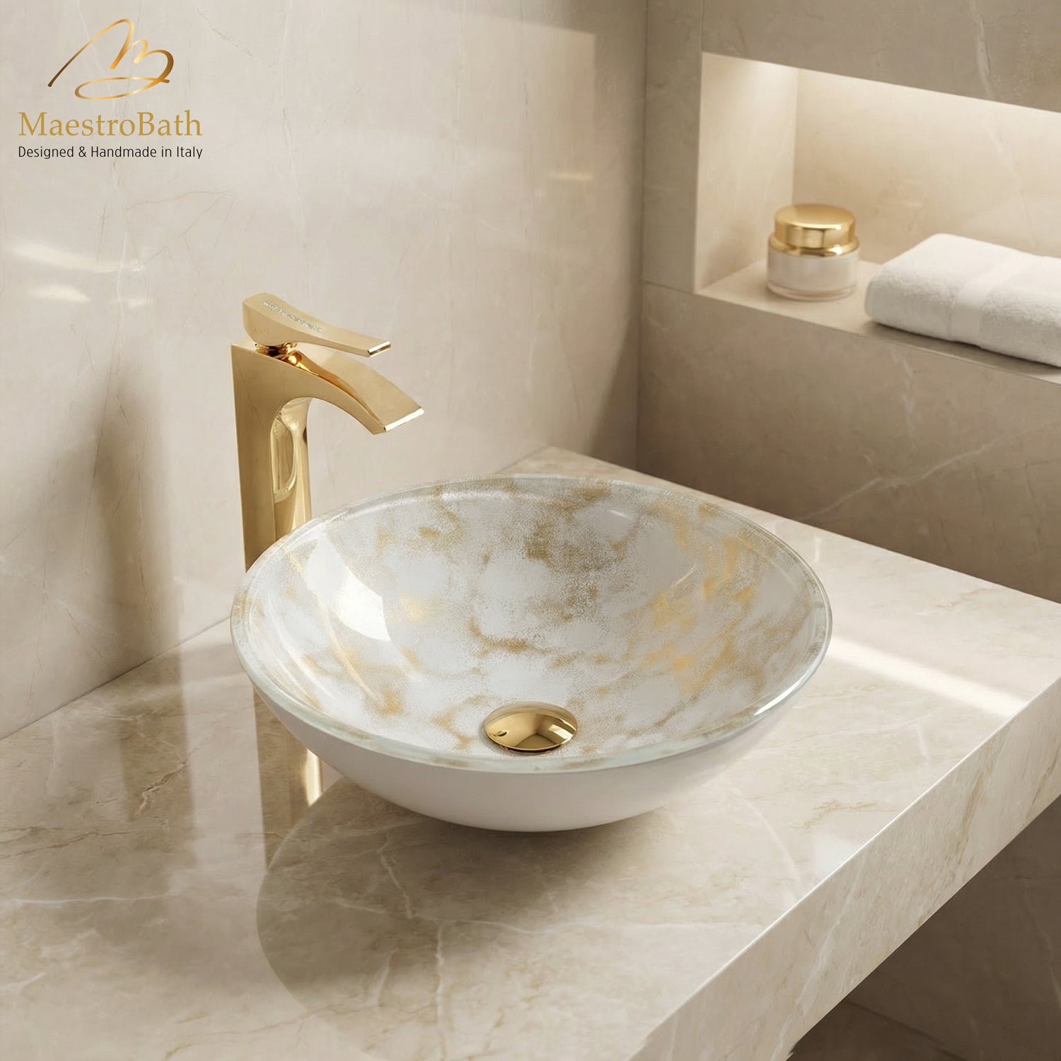 Luxury Round Crystal Vessel Sink #color_white and gold