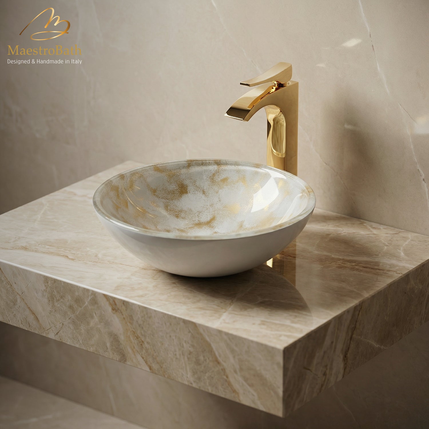 Luxury Round Crystal Vessel Sink #color_white and gold