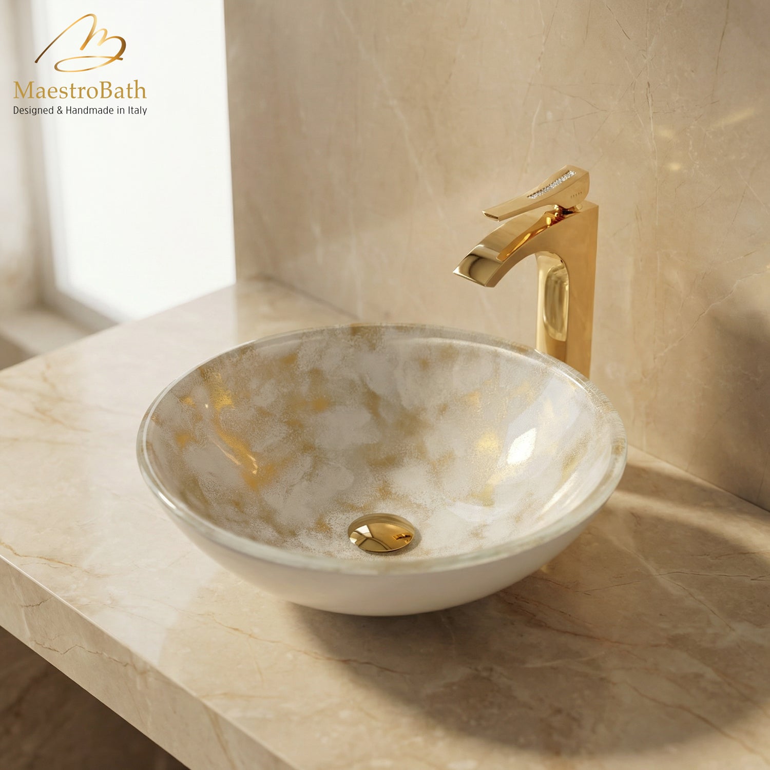 Luxury Round Crystal Vessel Sink #color_white and gold