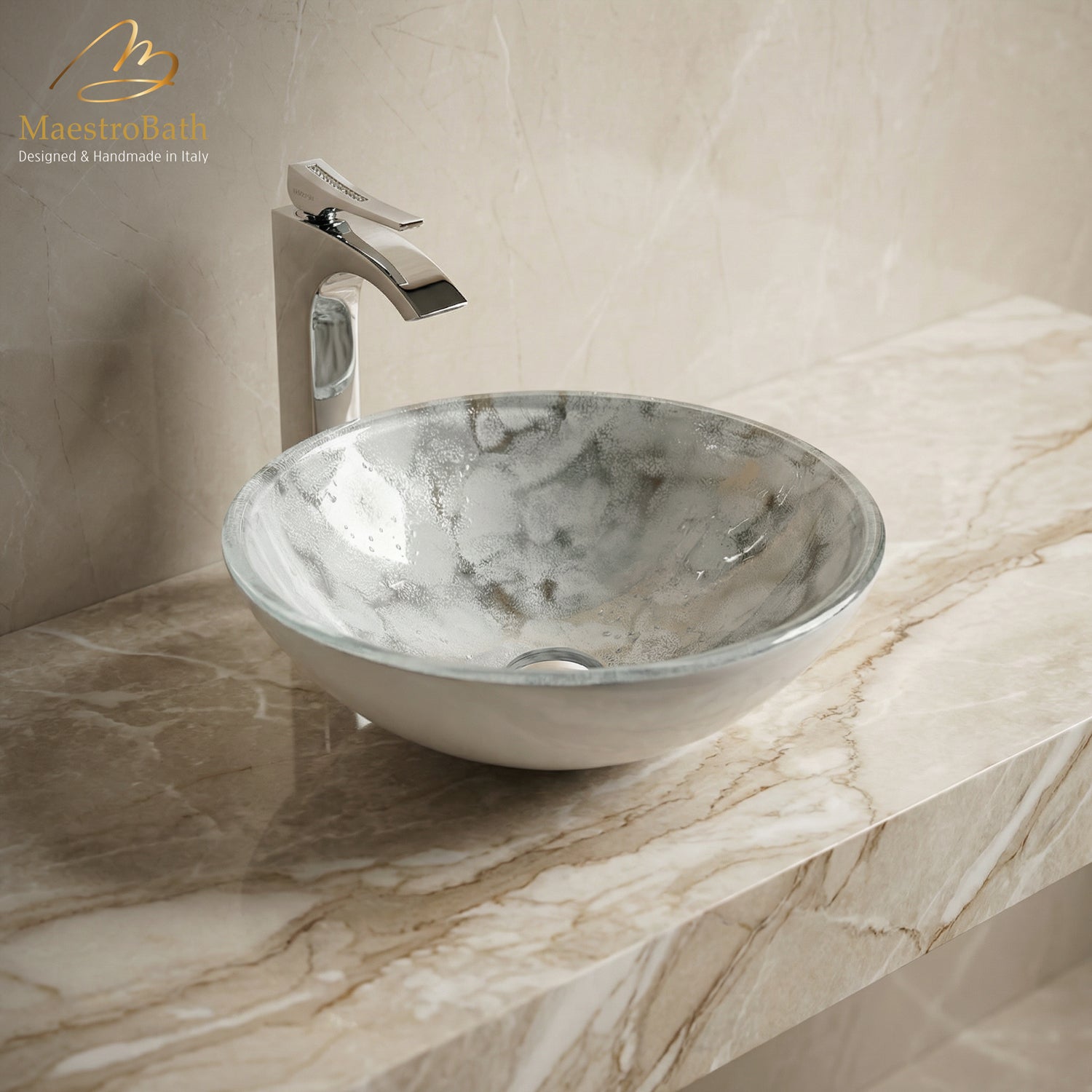 Luxury Round Crystal Vessel Sink #color_white and silver