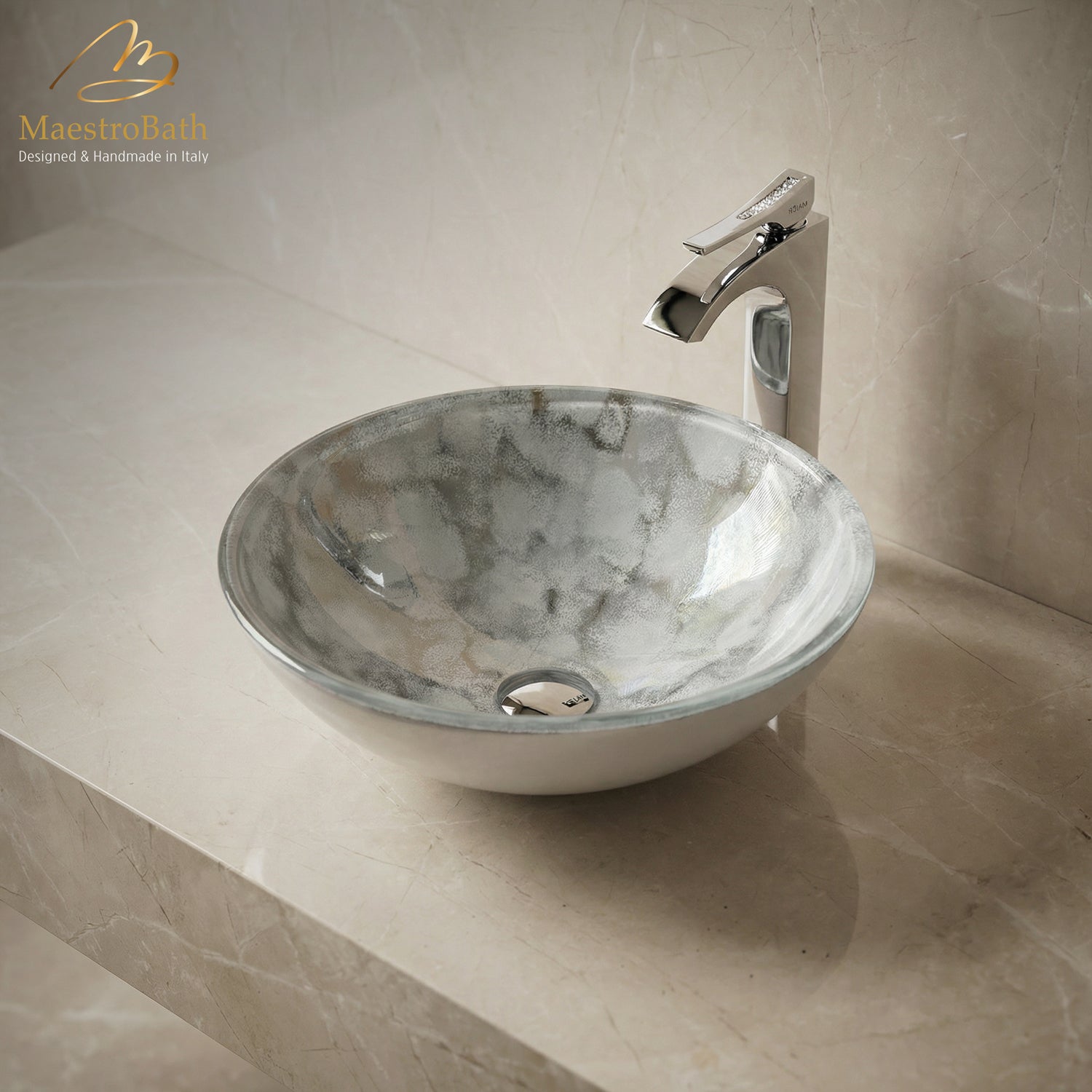 Luxury Round Crystal Vessel Sink #color_white and silver