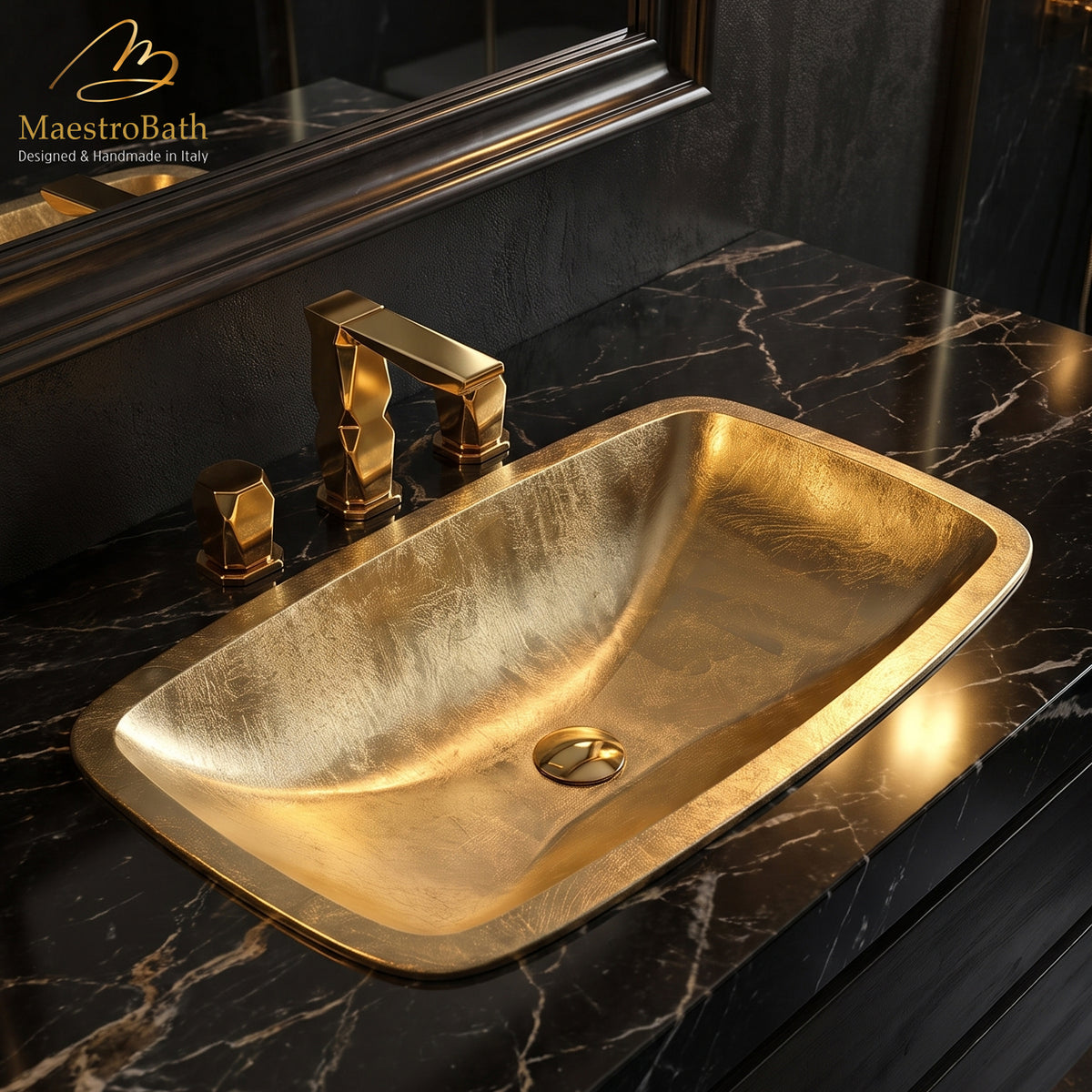 Acrylic undermount bathroom sink, shown in gold, 25.2 inch by 14.6 inch with a 5.6 inch basin depth, made of Pert acrylic #color_gold leaf