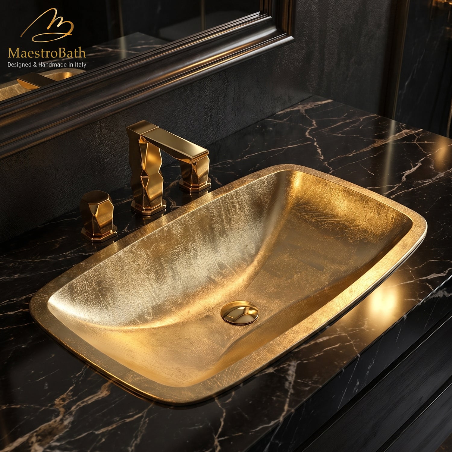 Acrylic undermount bathroom sink, shown in gold, 25.2 inch by 14.6 inch with a 5.6 inch basin depth, made of Pert acrylic #color_gold leaf