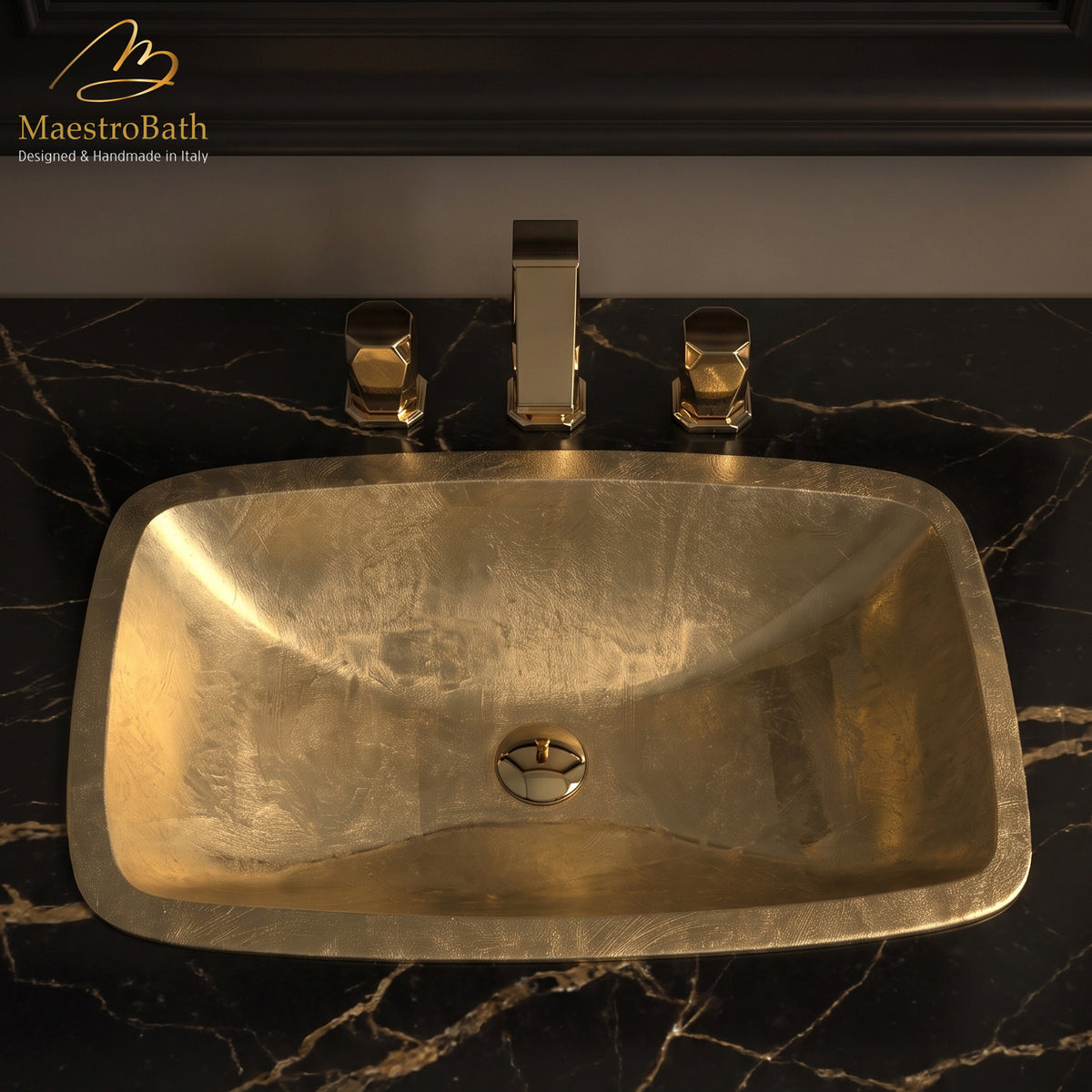 Acrylic undermount bathroom sink, shown in gold, 25.2 inch by 14.6 inch with a 5.6 inch basin depth, made of Pert acrylic #color_gold leaf