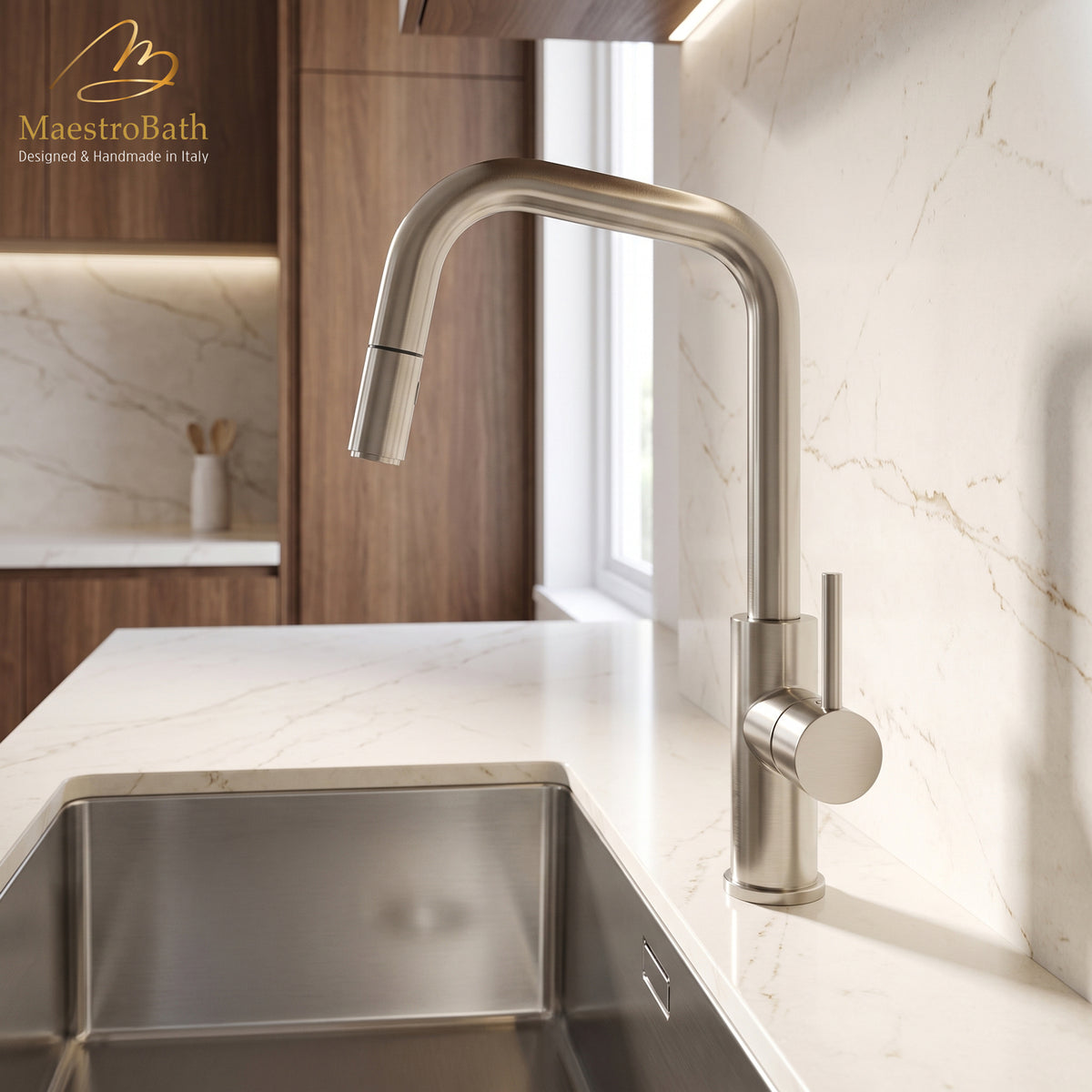 Deck mounted brass kitchen faucet, shown in brushed nickel, with pull out spray, 17 inch by 8 inch by 11 inch #color_brushed nickel