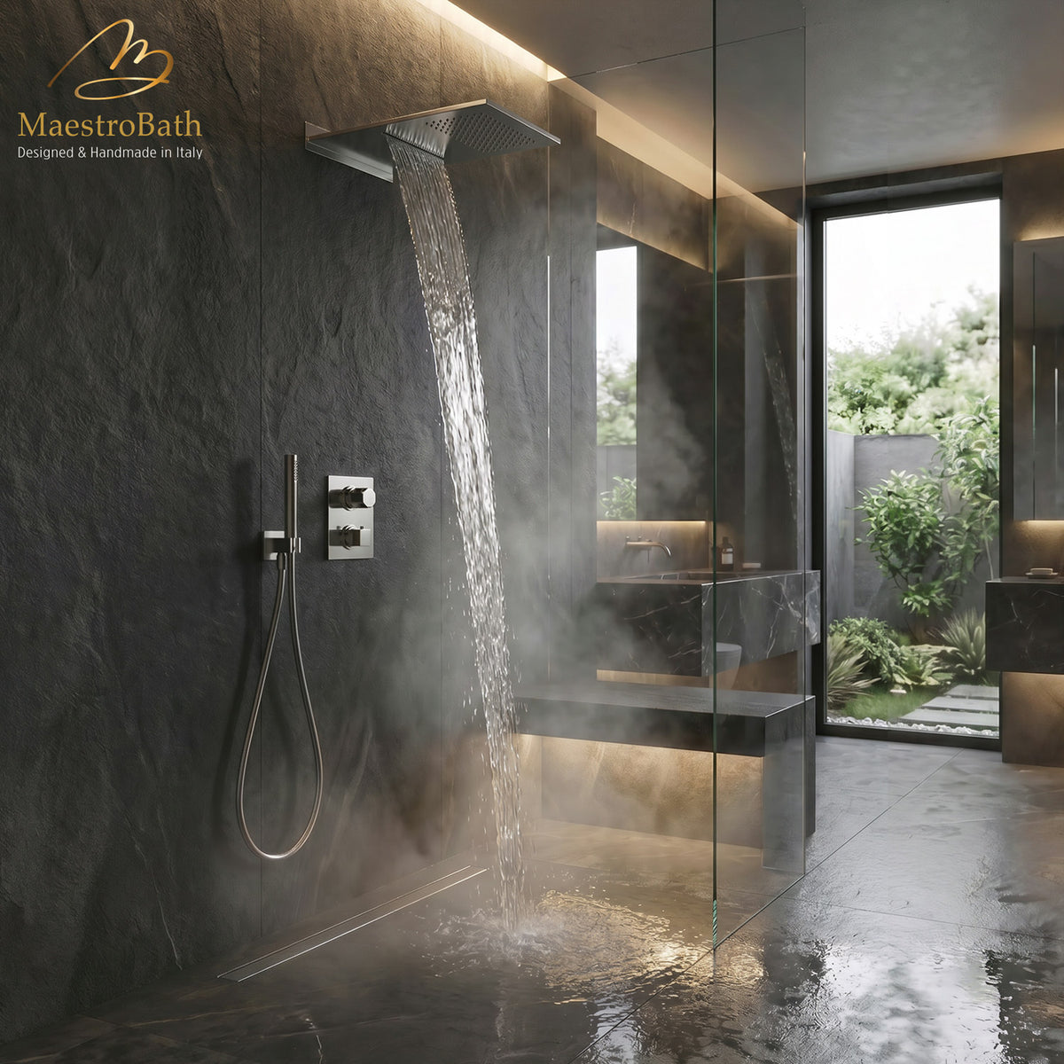 Wall mounted brass complete shower set, shown in polished chrome, made of solid brass