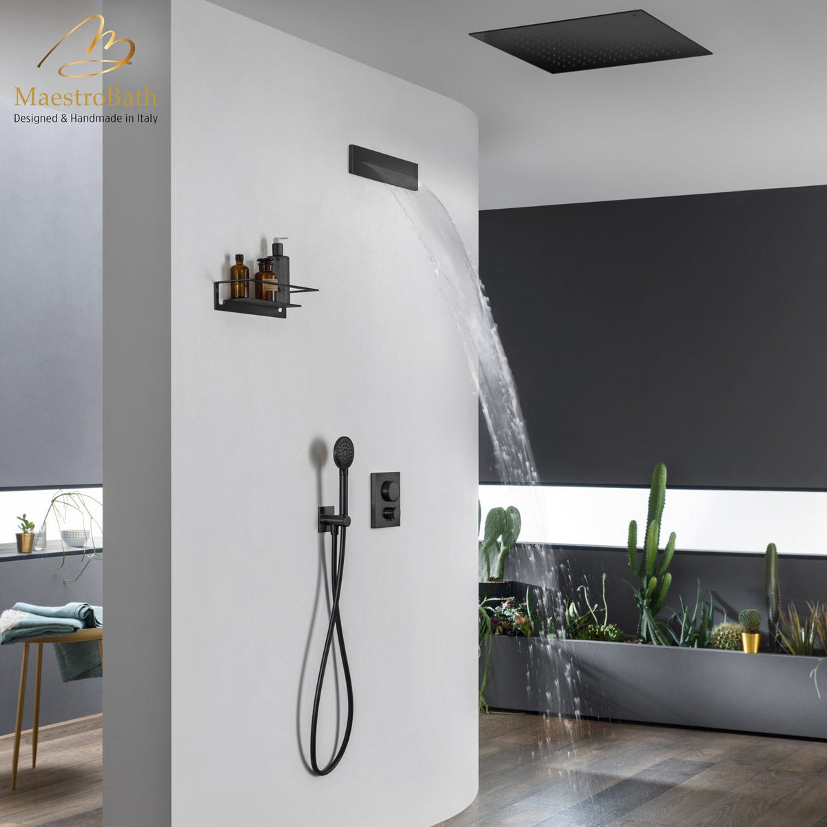 Flusso Complete Shower Set, shown in black, made of solid brass