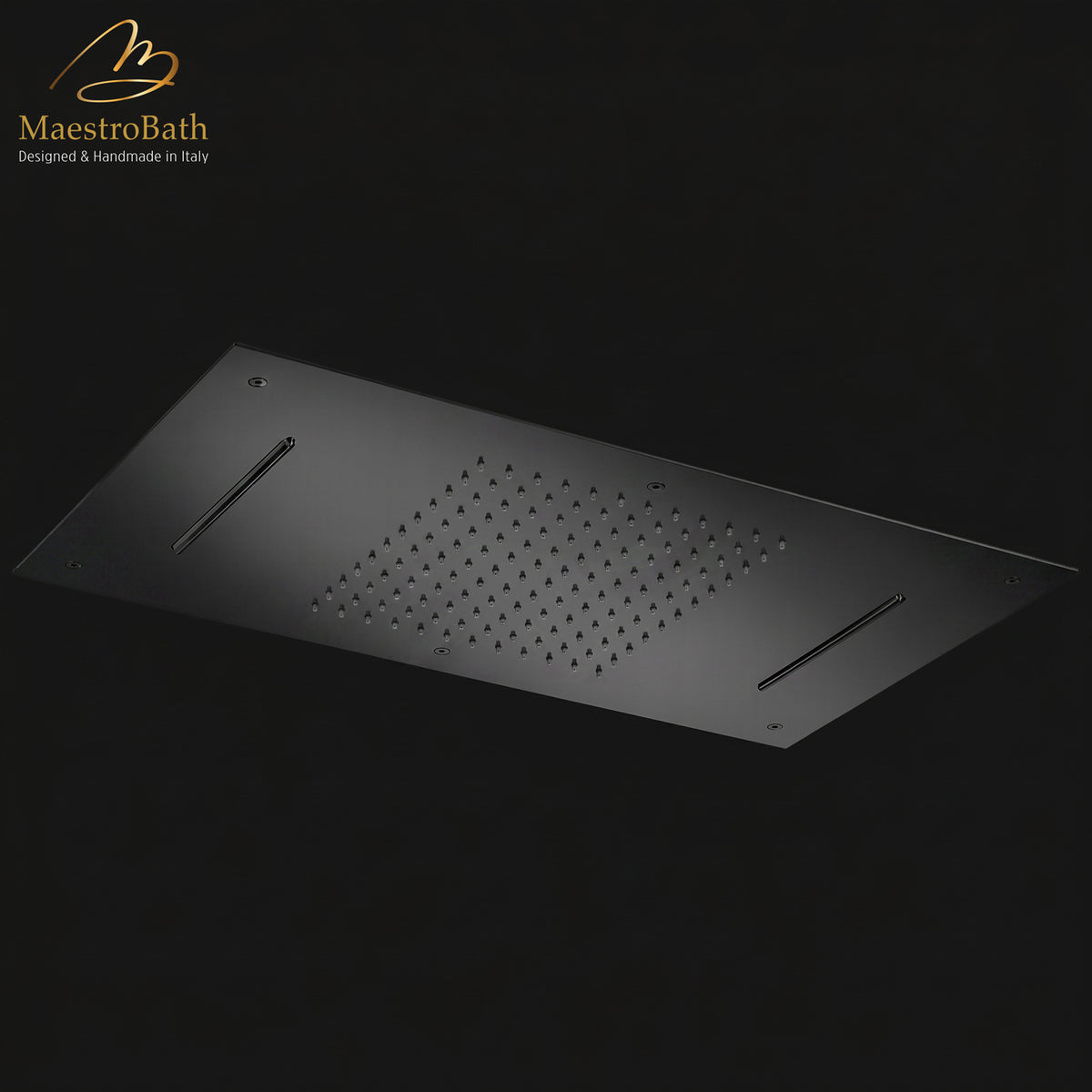 Brass shower head, shown in black, 27.5 inch by 14.5 inch by 2.4 inch, made of solid brass