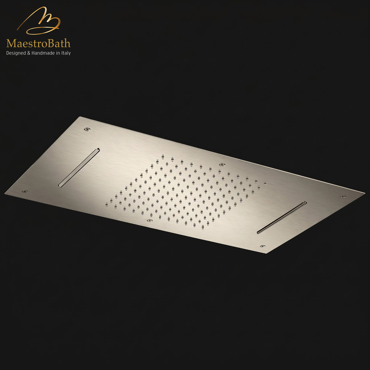 Brass shower head, shown in brushed nickel, 27.5 inch by 14.5 inch by 2.4 inch, made of solid brass