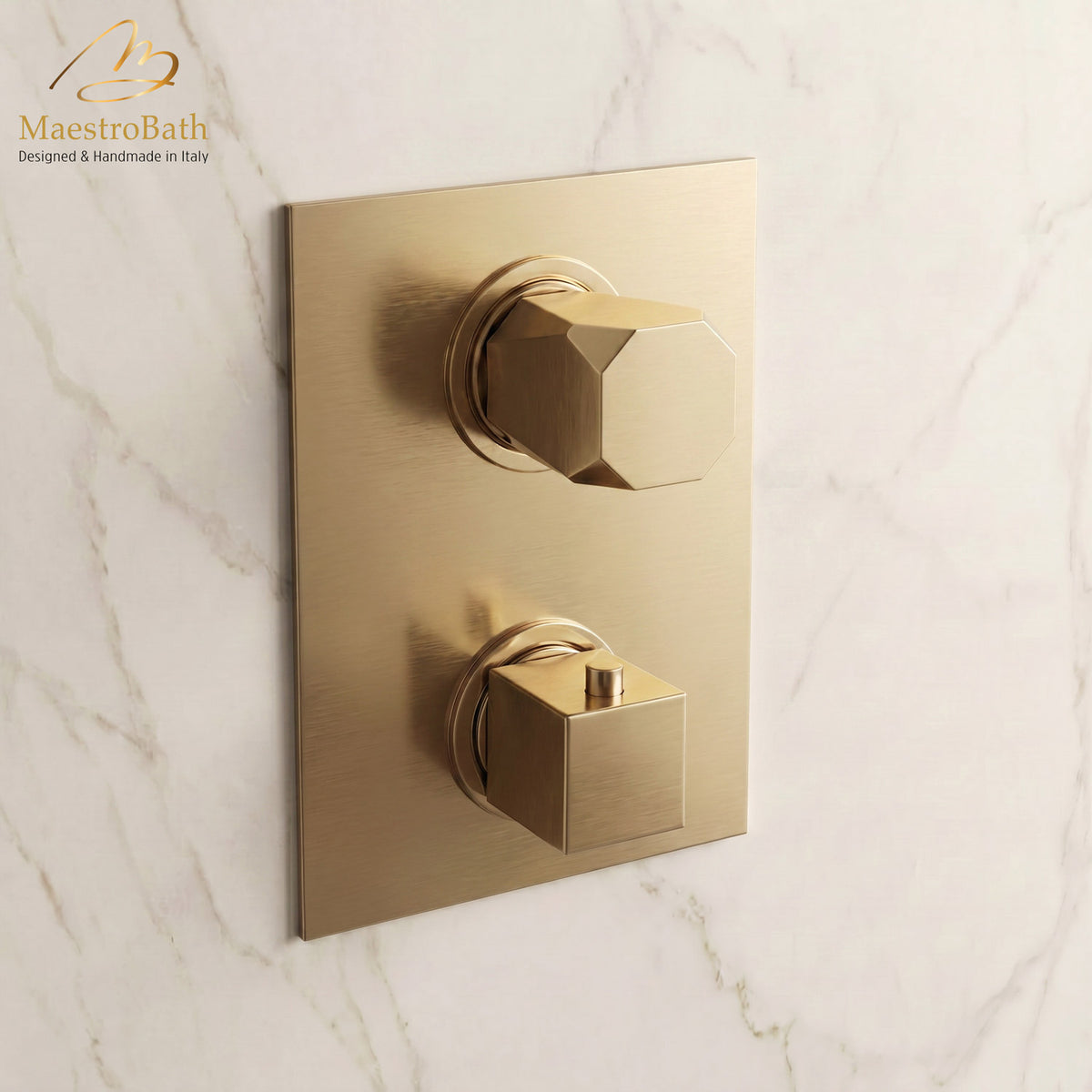 Ikon Thermostatic Concealed Bath and Shower With Diverter 2 Ways, shown in brushed gold, with thermostatic control