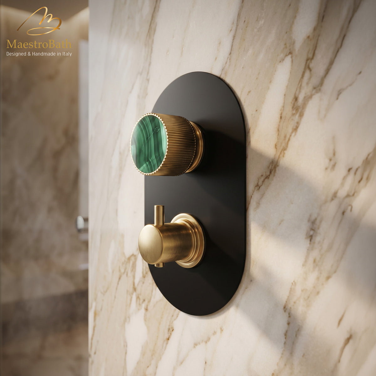 Built in brass concealed shower diverter, shown in gold and malachite, with thermostatic control, made of solid brass
