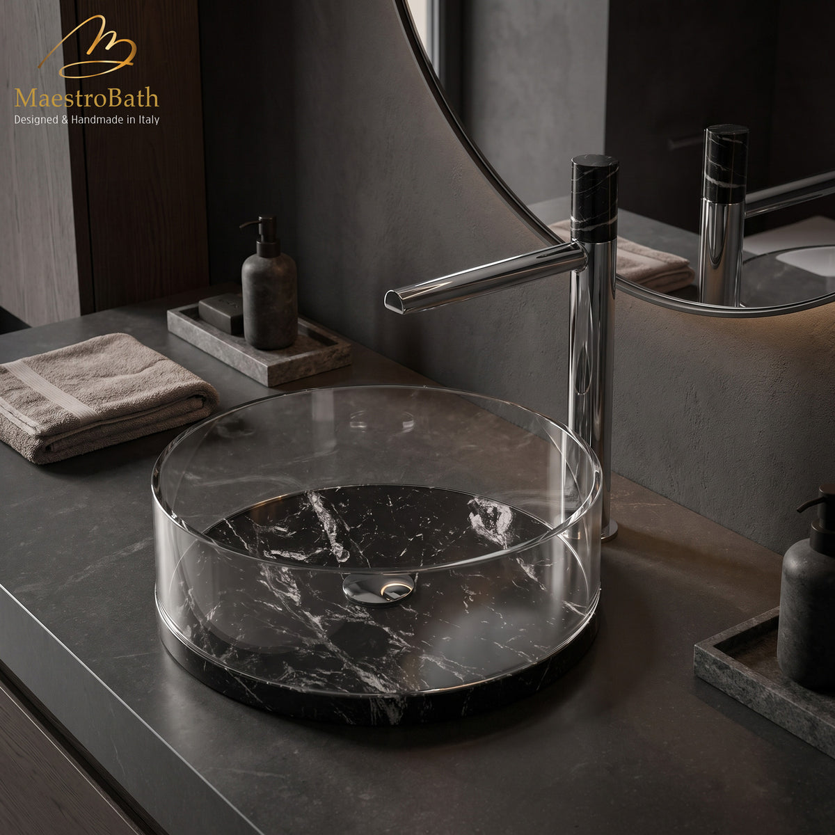 Above counter round Carrara marble vessel sink, shown in black, 14.4 inch by 14.4 inch with a 5.1 inch basin depth #color_black