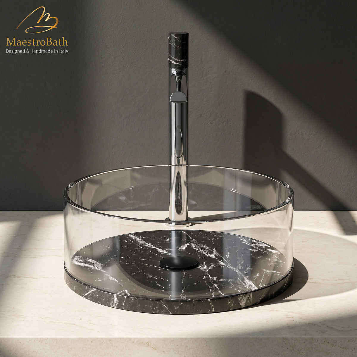 Above counter round Carrara marble vessel sink, shown in black, 14.4 inch by 14.4 inch with a 5.1 inch basin depth #color_black