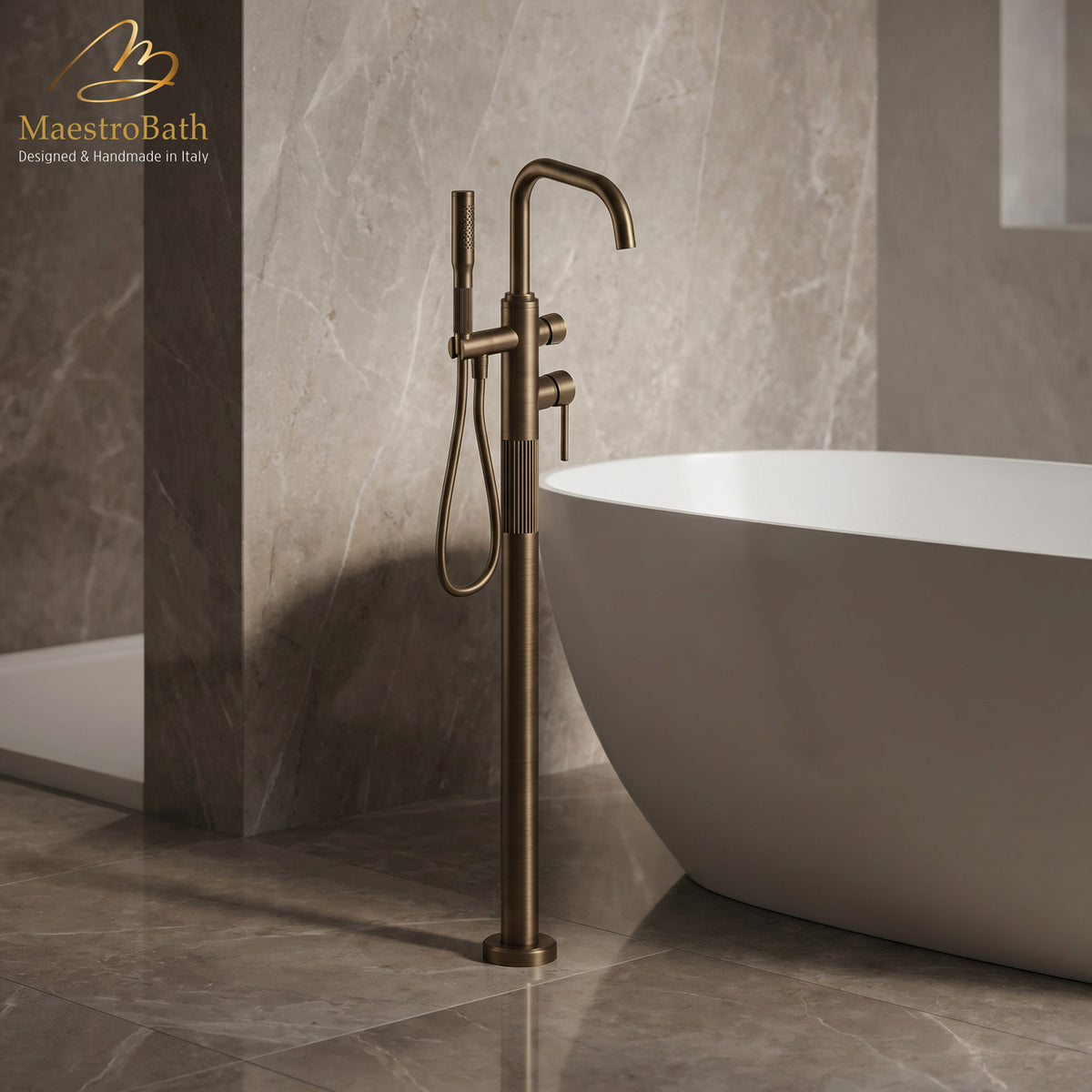 Rigato Luxury Free Standing Tub Filler, 43.2 inch spout height and a 9.6 inch spout reach, made of lead-free brass #color_Tabacco
