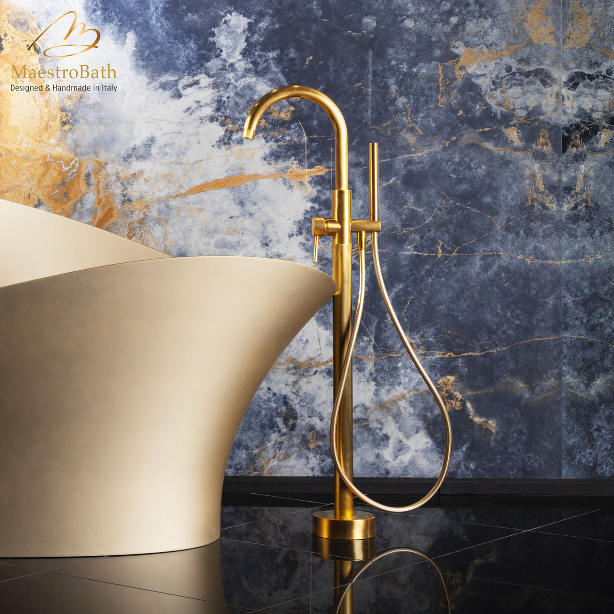 Brass tub filler, shown in brushed gold, 9.8 inch by 6.2 inch by 45.2 inch, made of lead-free brass