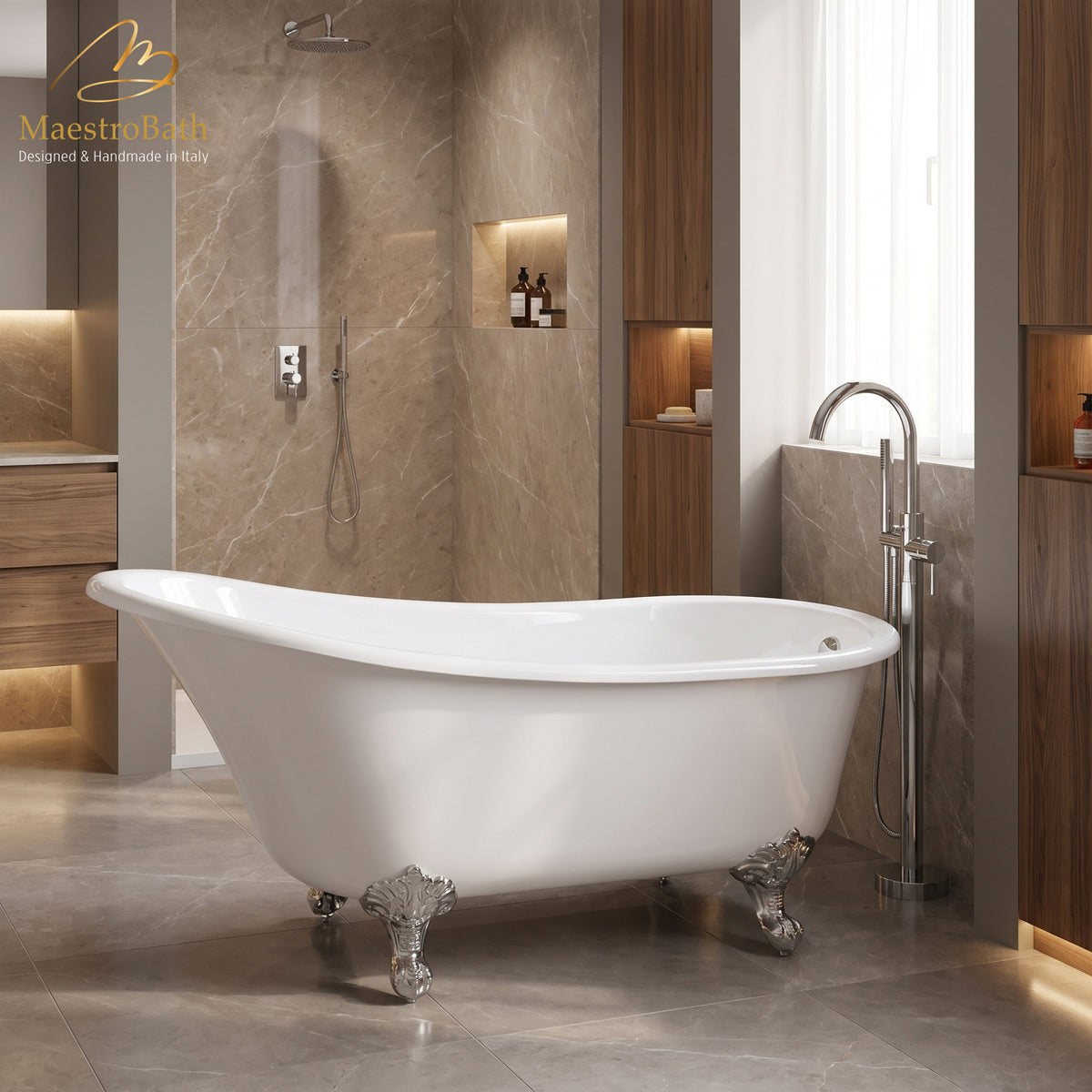 Freestanding resin bathtub, shown in white, with clawfoot base, 68.8 inch long by 28.5 inch wide and 34.2 inch high