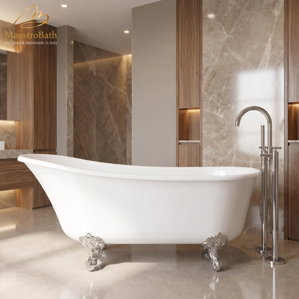 Freestanding resin bathtub, shown in white, with clawfoot base, 68.8 inch long by 28.5 inch wide and 34.2 inch high