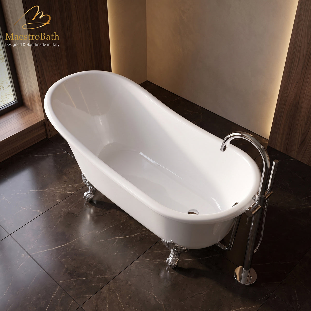 Freestanding resin bathtub, shown in white, with clawfoot base, 68.8 inch long by 28.5 inch wide and 34.2 inch high