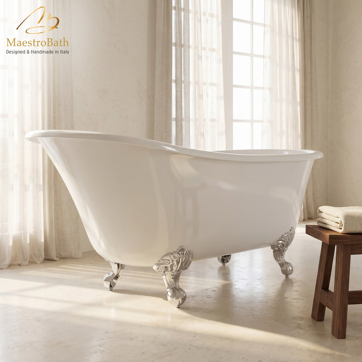 Freestanding resin bathtub, shown in white, with clawfoot base, 68.8 inch long by 28.5 inch wide and 34.2 inch high