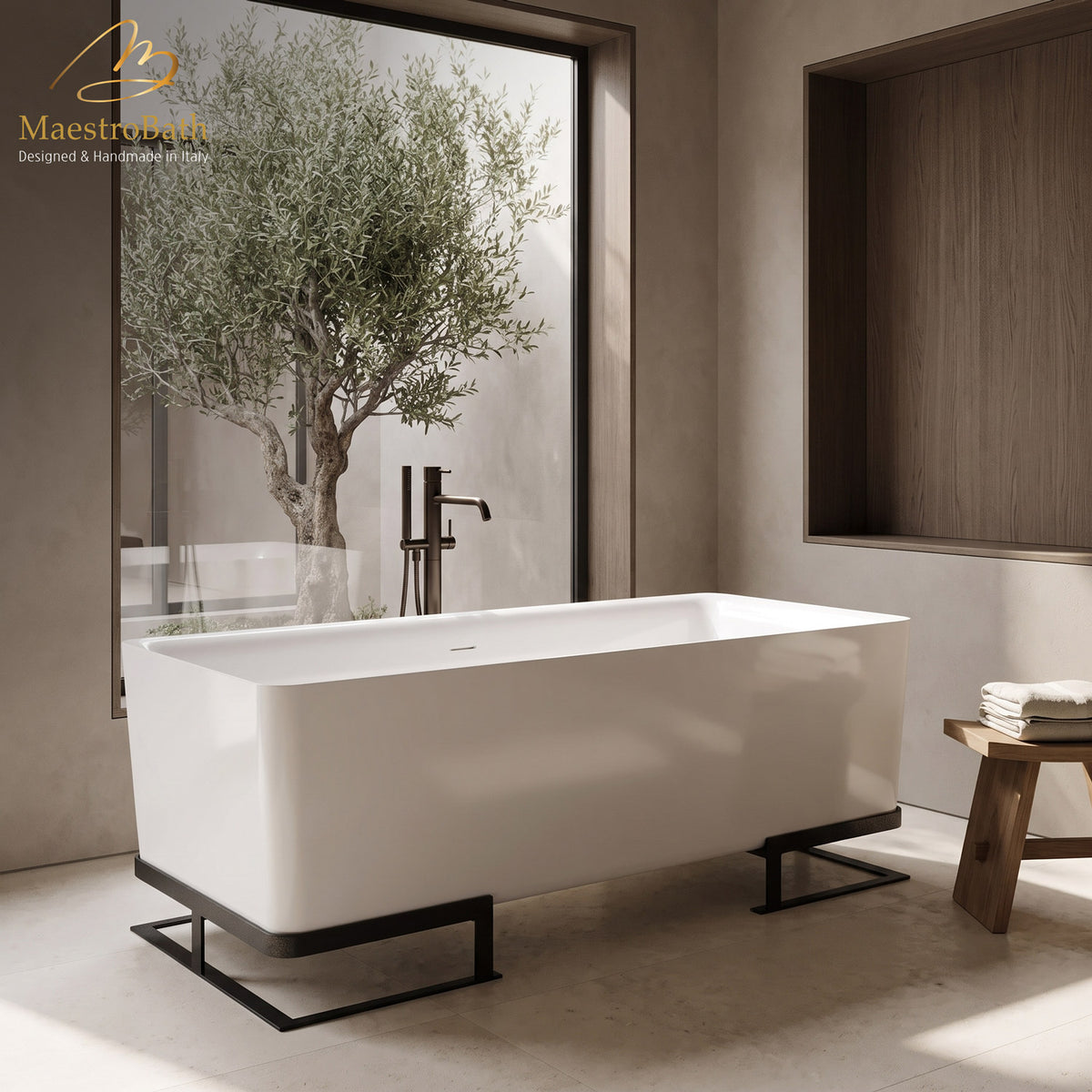 Freestanding resin bathtub, shown in white, 65.3 inch long by 30.5 inch wide and 25 inch high, made of fiberglass and resin
