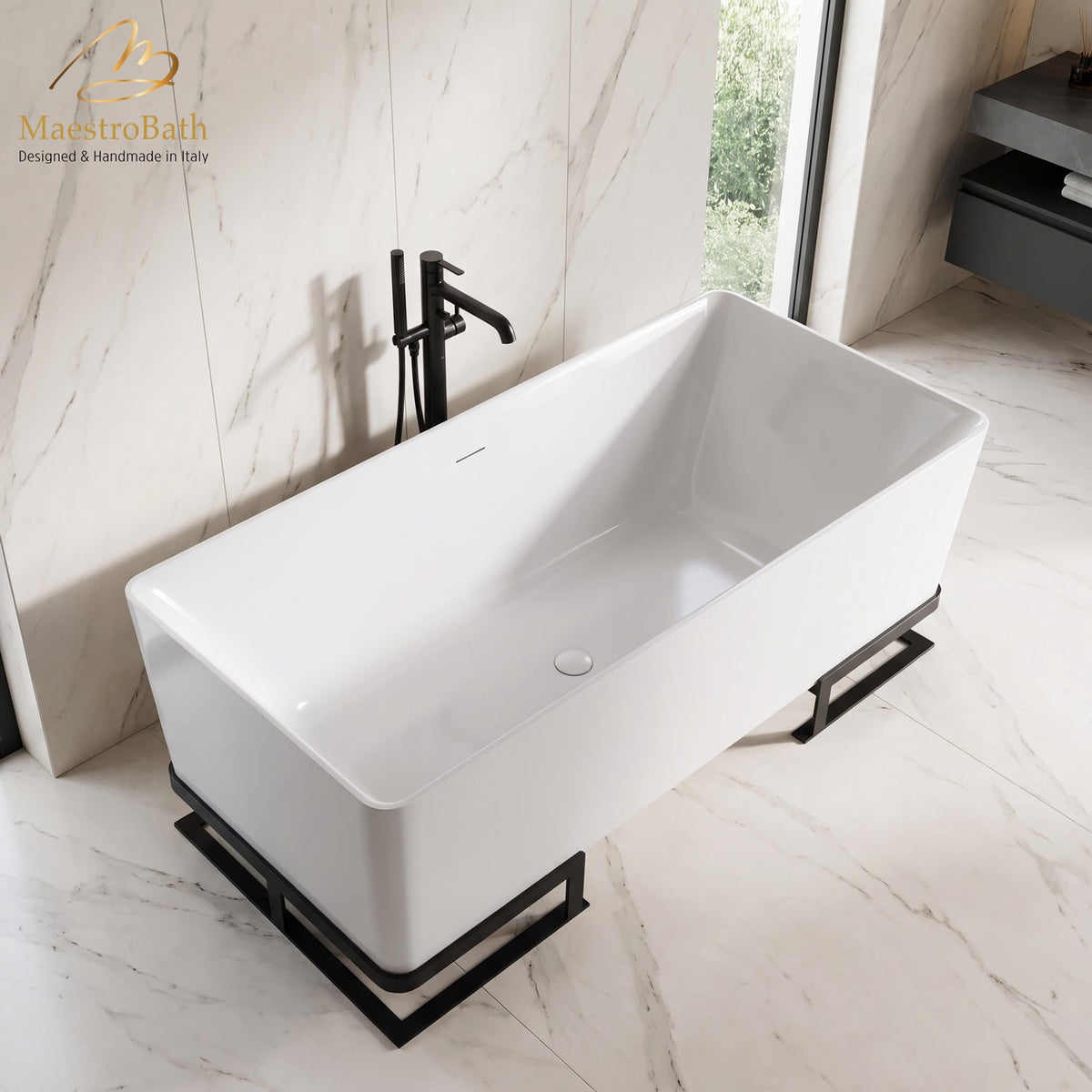Freestanding resin bathtub, shown in white, 65.3 inch long by 30.5 inch wide and 25 inch high, made of fiberglass and resin