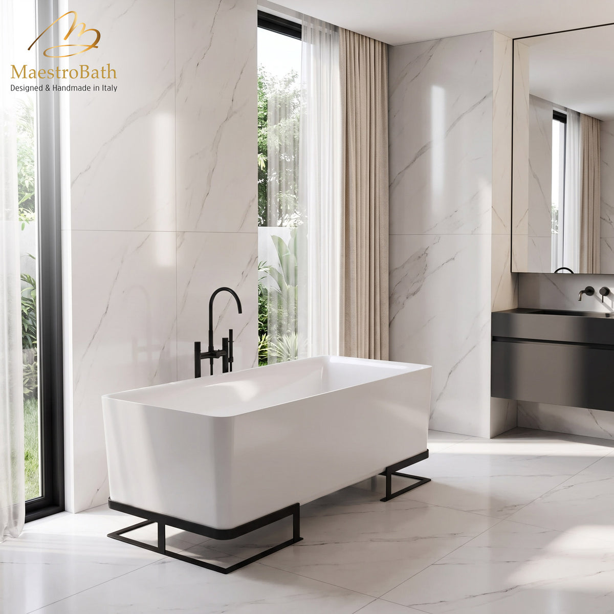 Freestanding resin bathtub, shown in white, 65.3 inch long by 30.5 inch wide and 25 inch high, made of fiberglass and resin