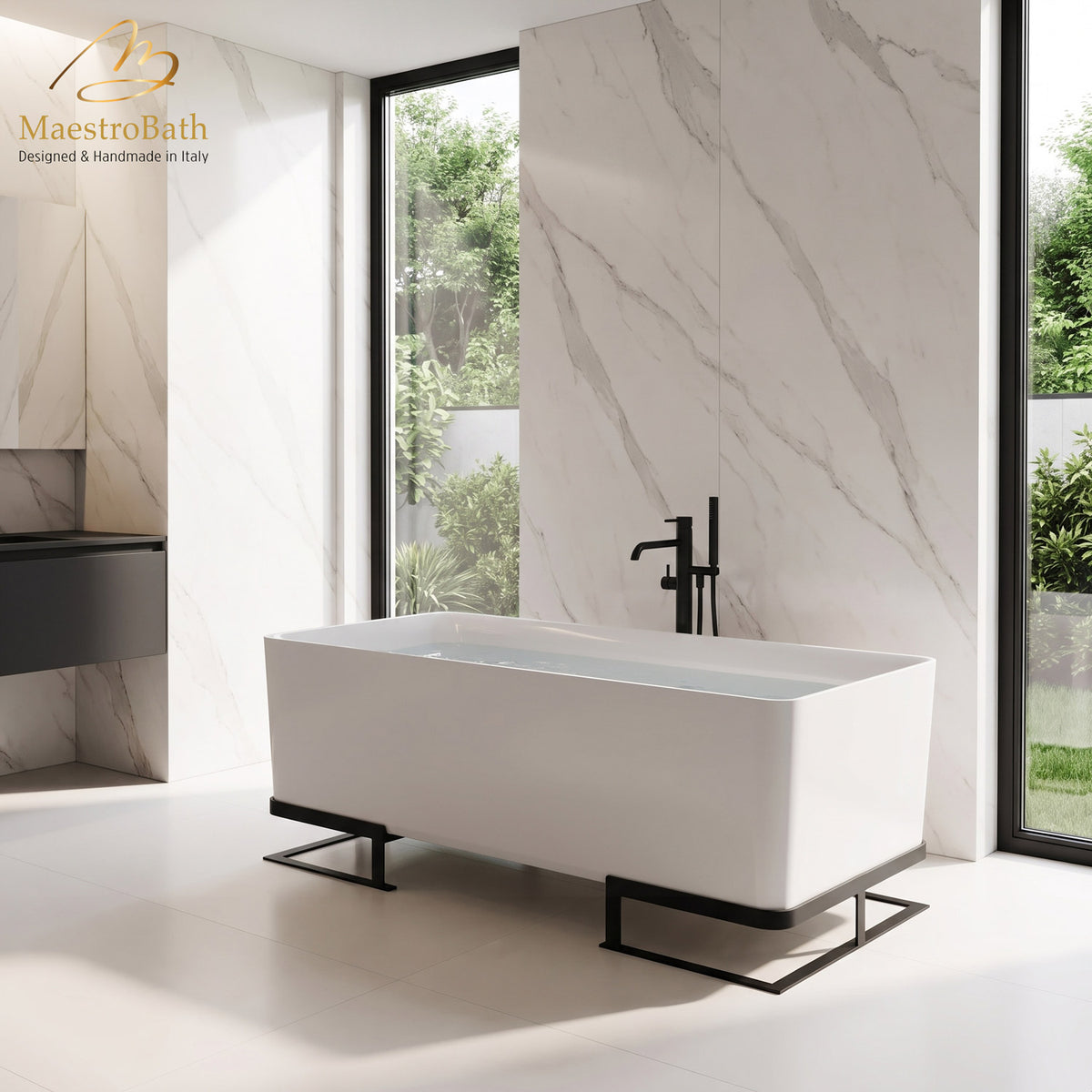 Freestanding resin bathtub, shown in white, 65.3 inch long by 30.5 inch wide and 25 inch high, made of fiberglass and resin