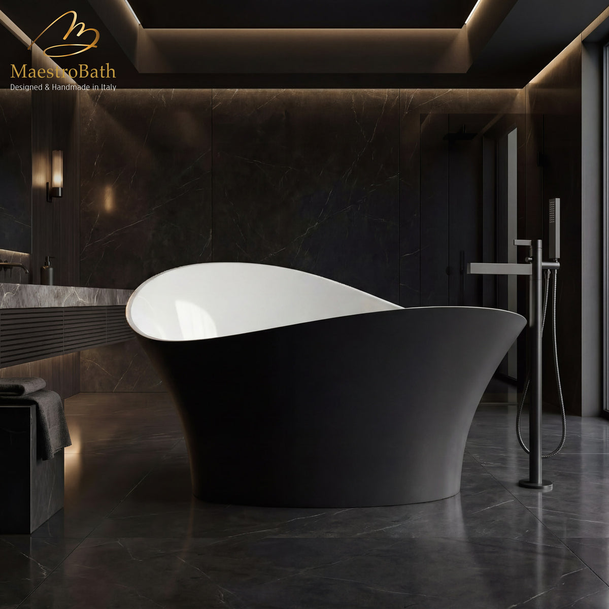 Freestanding resin bathtub, shown in black, 68.9 inch long by 31.1 inch wide and 36.6 inch high, made of fiberglass and resin