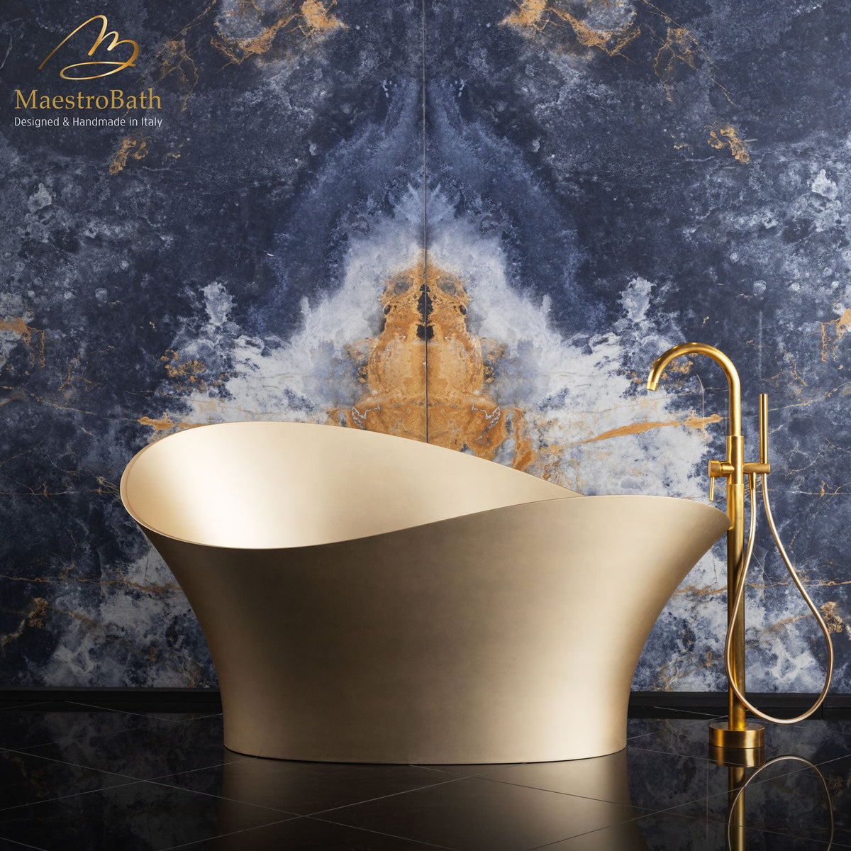 Calla Lily Contemporary Bathtub, shown in gold, 68.9 inch long by 31.1 inch wide and 36.6 inch high