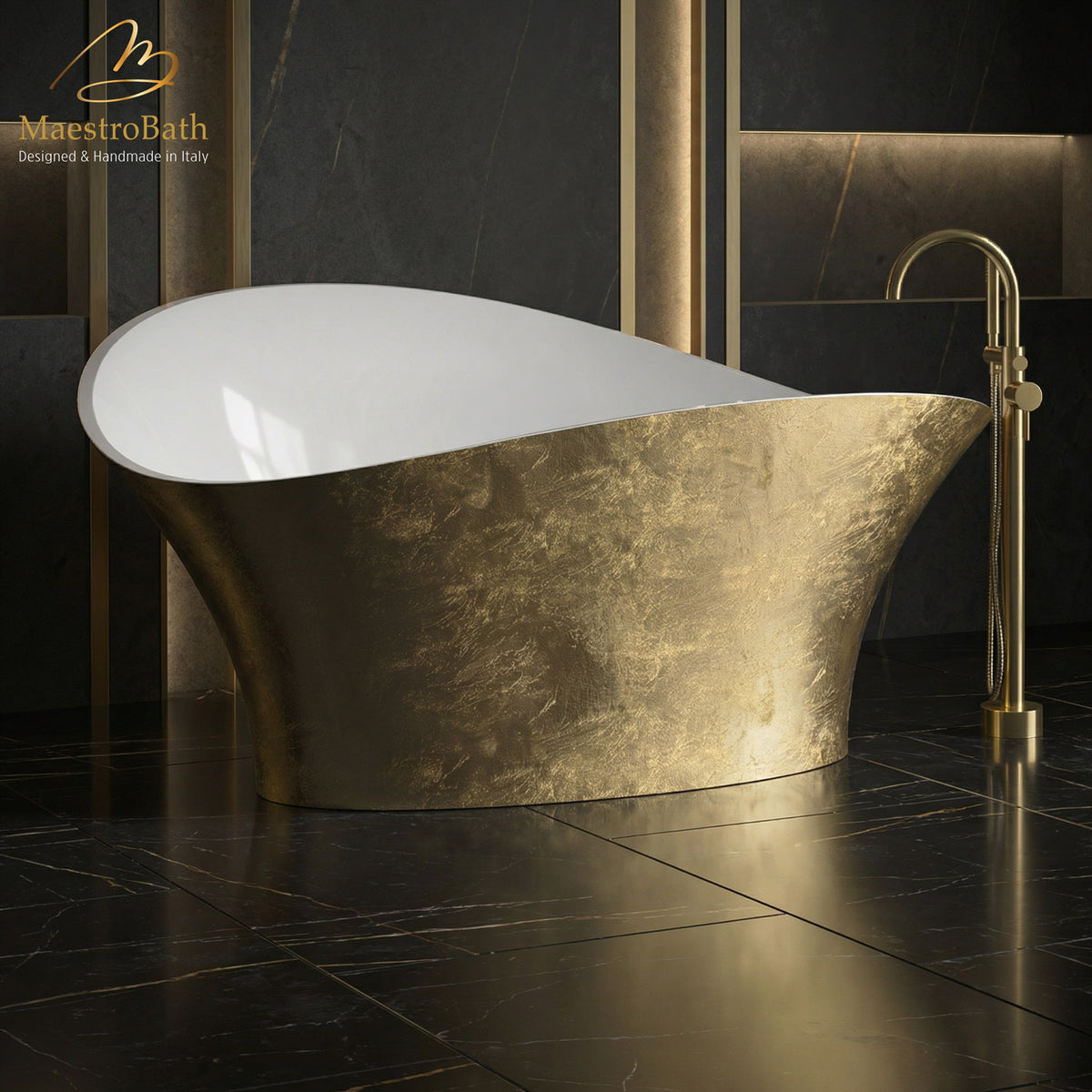 Freestanding resin bathtub, shown in gold, 68.9 inch long by 31.1 inch wide and 36.6 inch high, made of fiberglass and resin