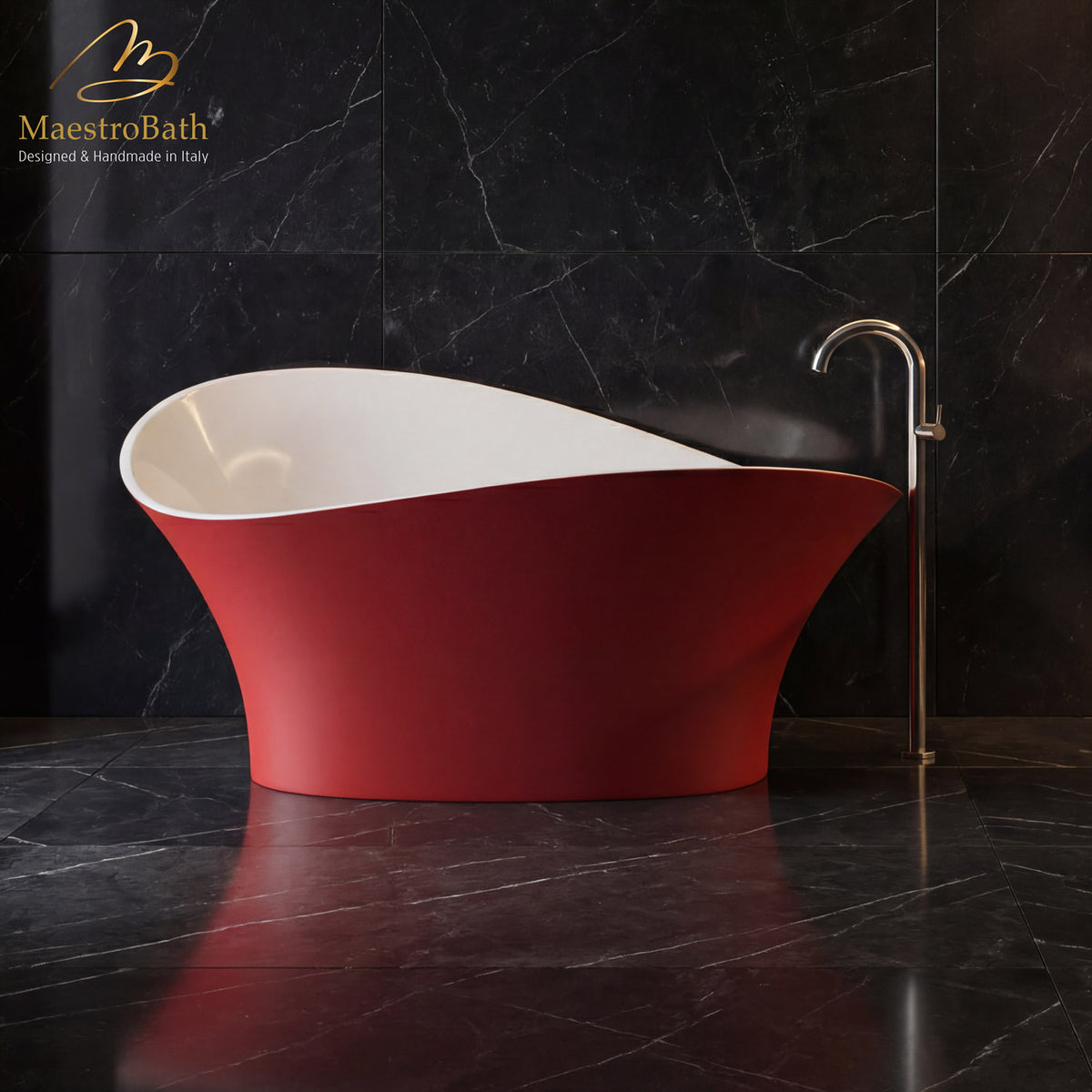 Freestanding resin bathtub, shown in red, 68.9 inch long by 31.1 inch wide and 36.6 inch high, made of fiberglass and resin