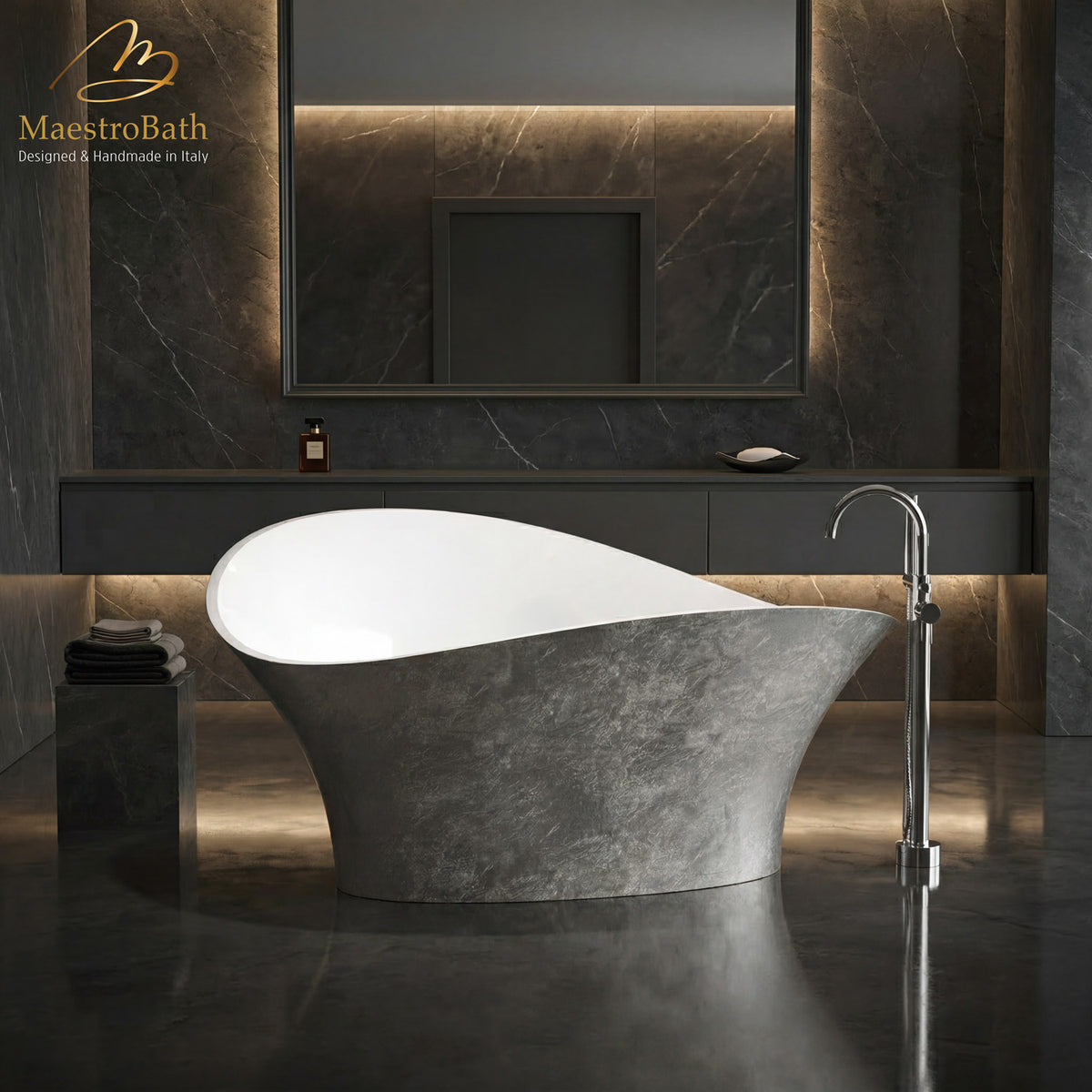 Calla Lily Contemporary Bathtub, shown in silver leaf, 68.9 inch long by 31.1 inch wide and 36.6 inch high