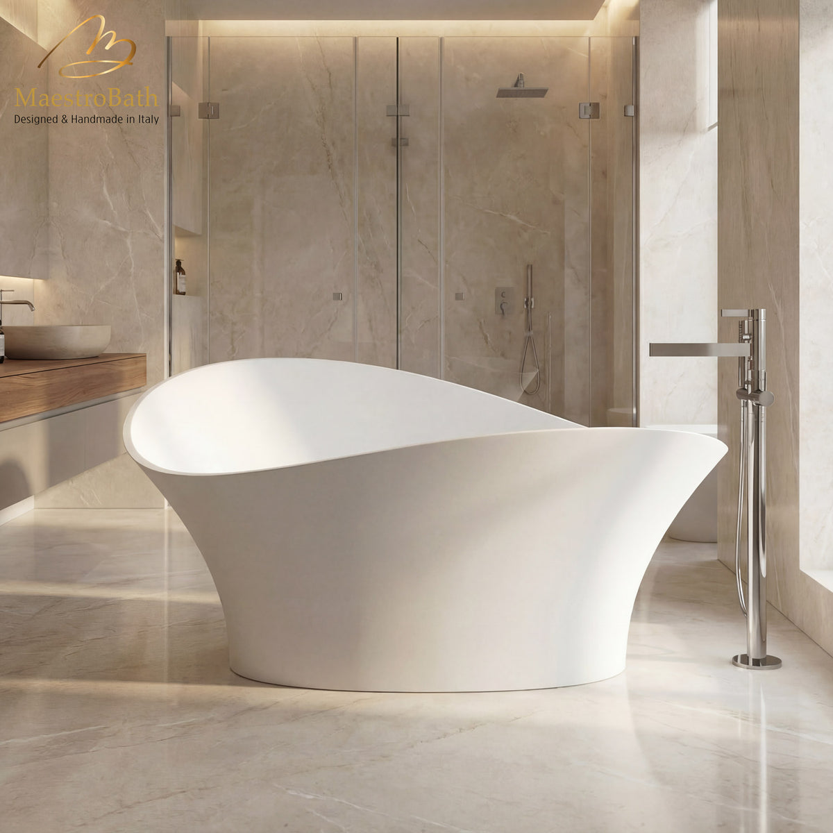 Freestanding resin bathtub, shown in white, 68.9 inch long by 31.1 inch wide and 36.6 inch high, made of fiberglass and resin