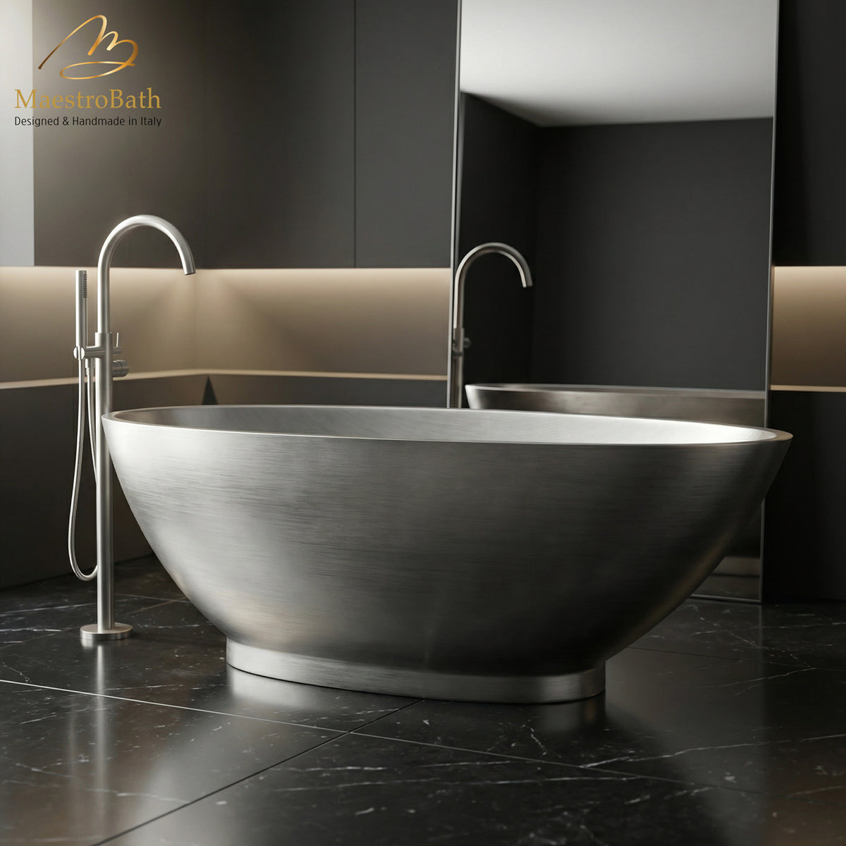 Freestanding resin bathtub, shown in silver, 69 inch long by 32.4 inch wide and 22.2 inch high, made of fiberglass and resin