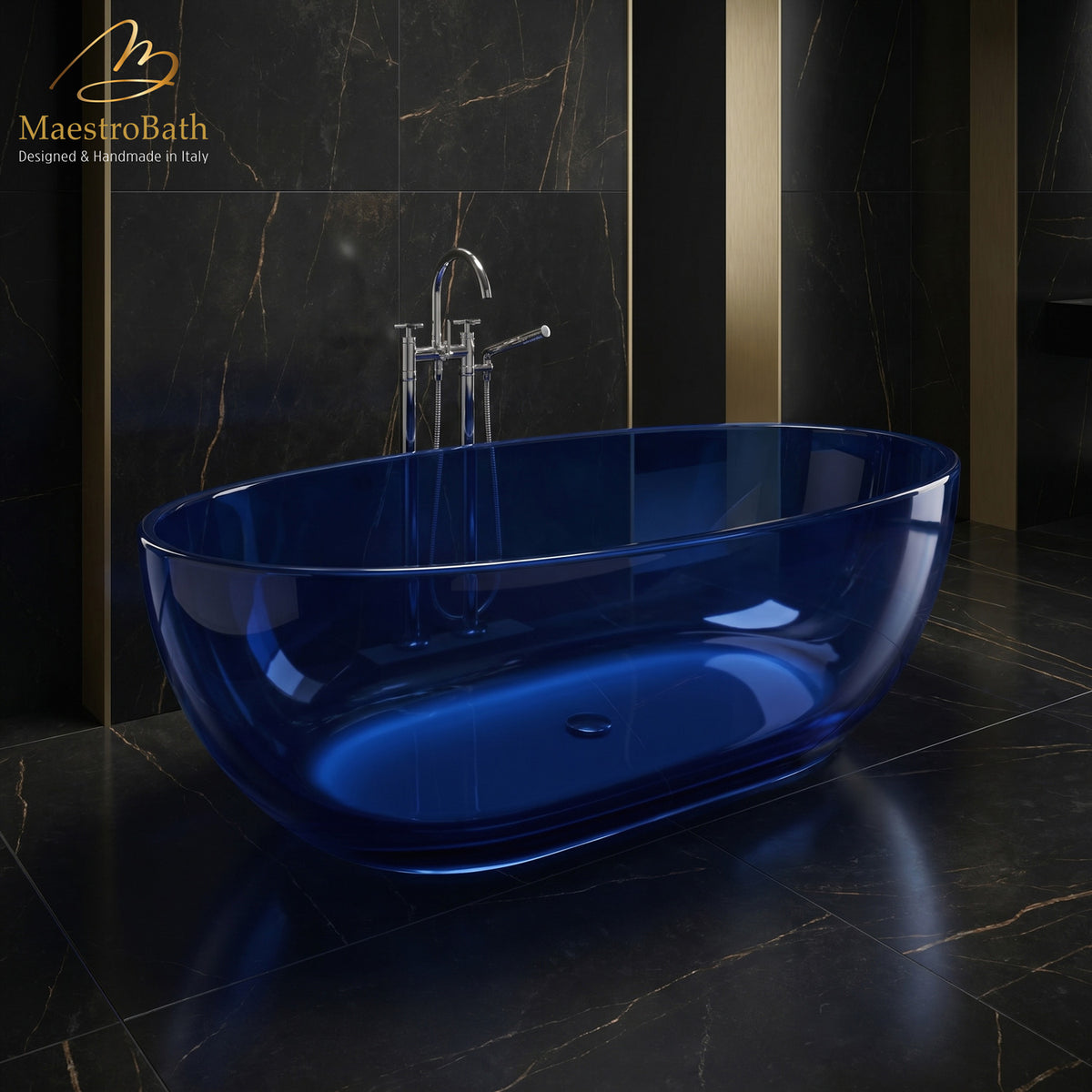 Aurelia Freestanding Bathtub, shown in cobalt blue translucent, 66.5 inch long by 34.2 inch wide and 21 inch high