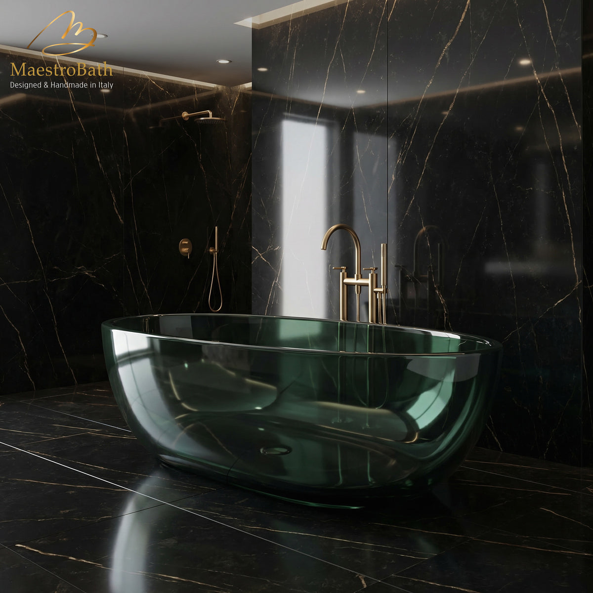 Aurelia Freestanding Bathtub, shown in hunter green translucent, 66.5 inch long by 34.2 inch wide and 21 inch high
