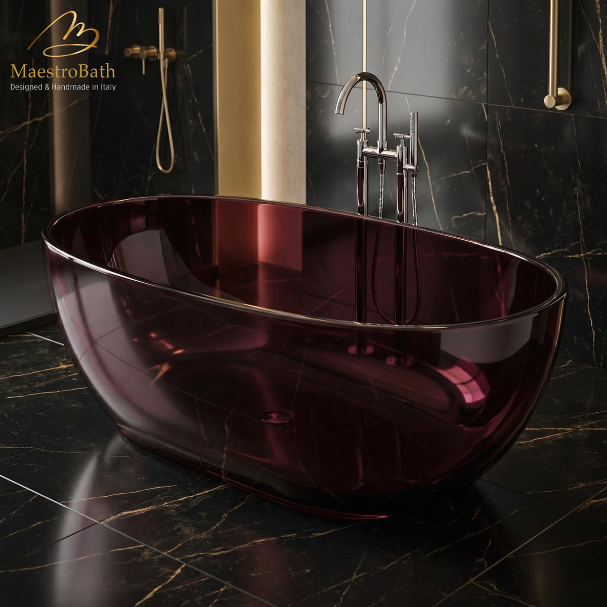 Aurelia Freestanding Bathtub, shown in purple red translucent, 66.5 inch long by 34.2 inch wide and 21 inch high