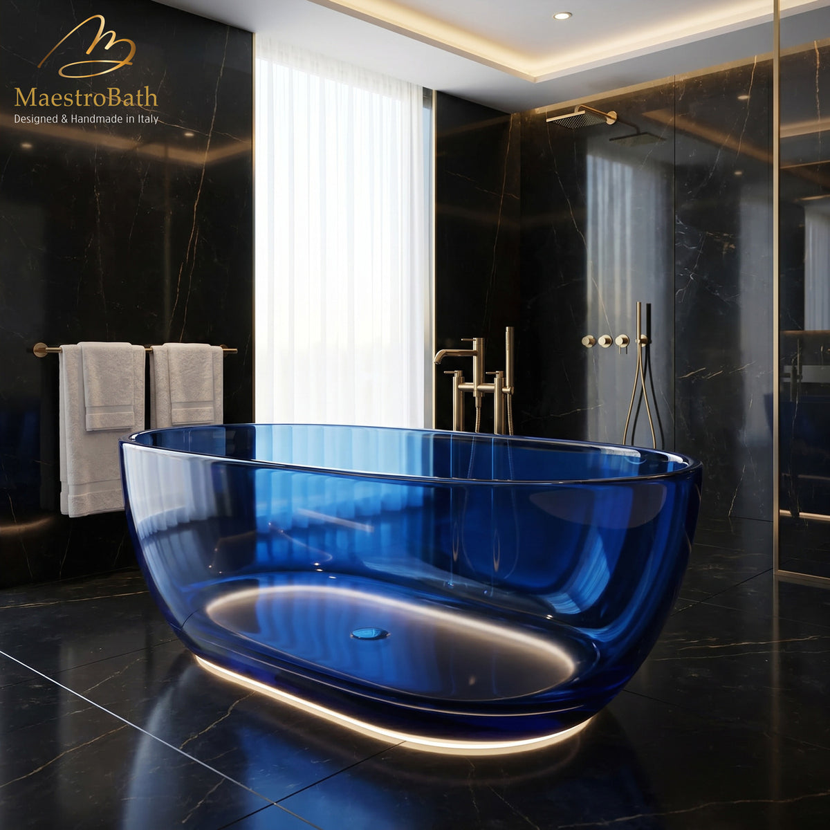 Freestanding bathtub, shown in cobalt blue translucent, with LED lighting, 66.5 inch long by 34.2 inch wide and 21 inch high