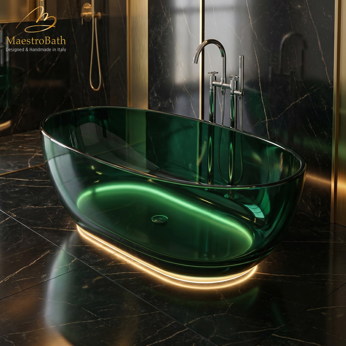 Freestanding bathtub, shown in hunter green translucent, with LED lighting, 66.5 inch long by 34.2 inch wide and 21 inch high