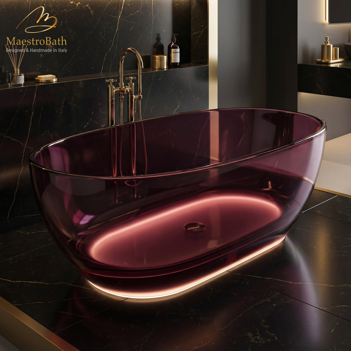 Freestanding bathtub, shown in purple red translucent, with LED lighting, 66.5 inch long by 34.2 inch wide and 21 inch high