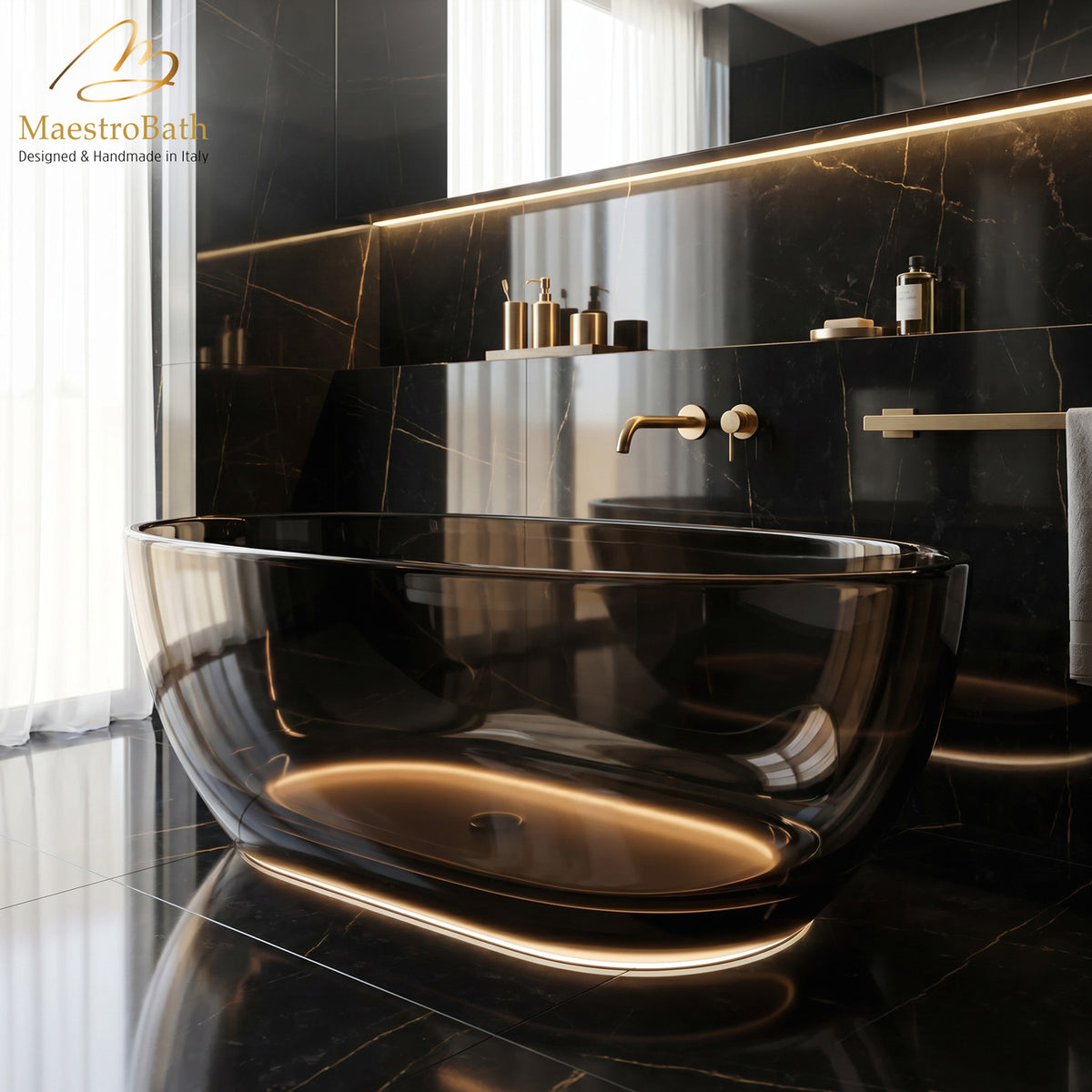 Aurelia LED Freestanding Bathtub, with LED lighting, 66.5 inch long by 34.2 inch wide and 21 inch high