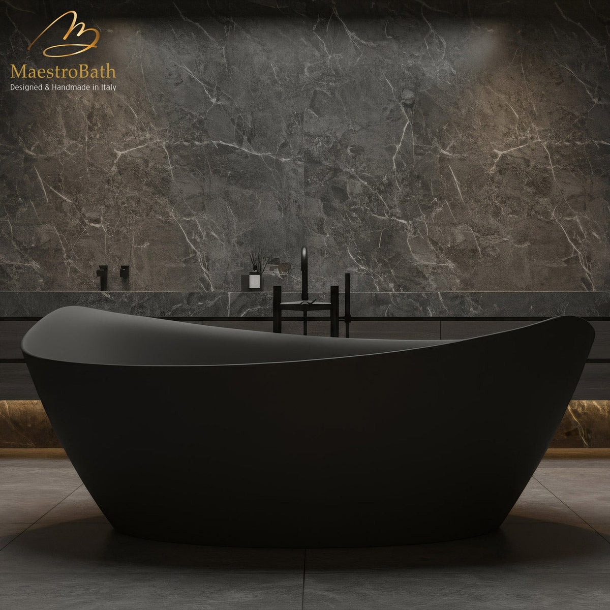 Freestanding resin bathtub, shown in black, 69.8 inch long by 35.8 inch wide and 28.5 inch high, made of fiberglass and resin