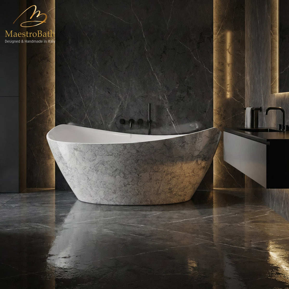 Nouh Luxury Freestanding Bathtub, shown in black and silver, 69.8 inch long by 35.8 inch wide and 28.5 inch high